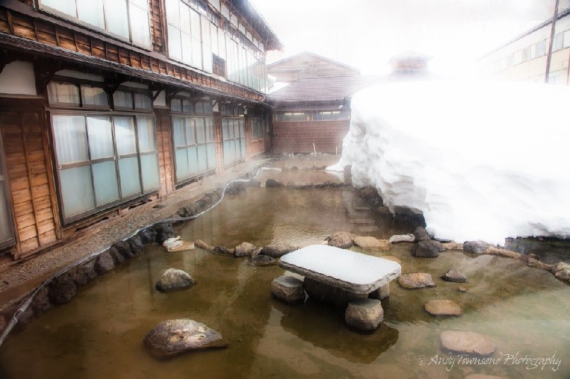 Warm water from the springs feeds into the small courtyard to help keep the building clear of snow.