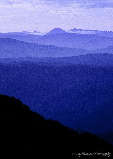 An early morning view from Mt Ramsey looking out over the misty blue ridgelines of the Tarkine forests towards the Cradle Mountain plateau.
