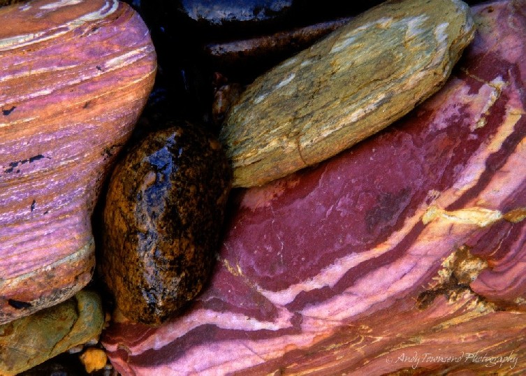 A closeup of some colourful rocks on the side of the Arthur River.