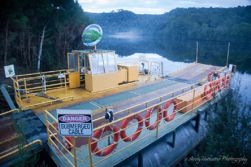 The “Fatman” barge allows vehicles to travel from north or south across the Pieman River. It is the only cable driven vehicular barge in Tasmania