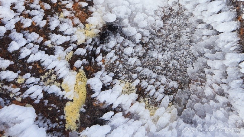 Rime-ice patterns covering a dolerite boulder on the Rodway range. The ice growth happens towards the wind.
