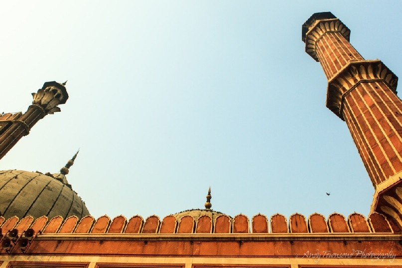 The view up towards the turrets of Jama Masjid mosque in Old Delhi.