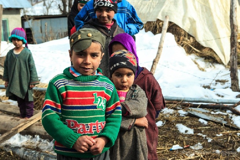 A group of young boys line up for a portrait in Drung village near Gulmarg.
