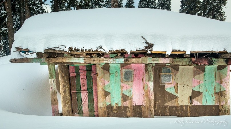 A colourful shepards hut in the alpine area of Gulmarg is abandoned over winter.