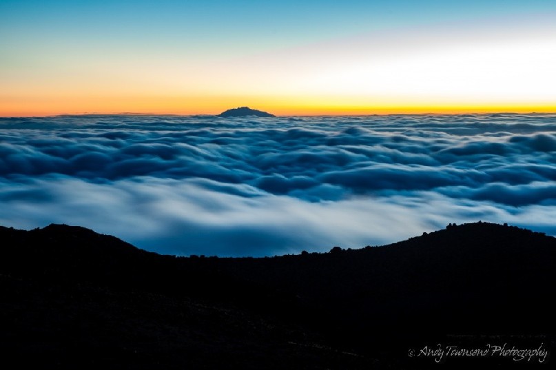 Above the clouds, after sunset over Mt Meru at Lava Tower camp.